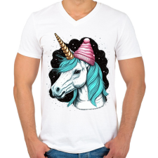 PRINTFASHION Unikornis sapkában - Férfi V-nyakú póló - Fehér férfi póló