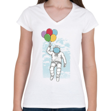 PRINTFASHION Űrhajós lufikkal - Női V-nyakú póló - Fehér női póló
