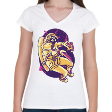 PRINTFASHION Űrhajós pizzával - Női V-nyakú póló - Fehér női póló