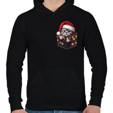 PRINTFASHION Vicces karácsonyi cica zsebben - mikulás sapkában - Férfi kapucnis pulóver - Fekete férfi pulóver, kardigán