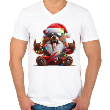 PRINTFASHION Vicces karácsonyi gitáros rocker party medve - Férfi V-nyakú póló - Fehér férfi póló
