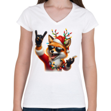 PRINTFASHION Vicces karácsonyi rocker party róka - télapó sapkában - Női V-nyakú póló - Fehér női póló
