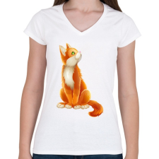 PRINTFASHION Vörös cica - Női V-nyakú póló - Fehér női póló