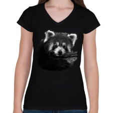 PRINTFASHION Vörös panda (fekete-fehér újság) - Női V-nyakú póló - Fekete női póló