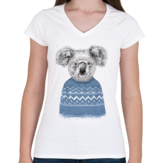 PRINTFASHION Winter koala - Női V-nyakú póló - Fehér