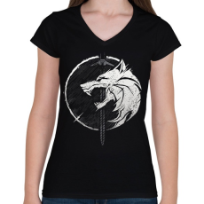 PRINTFASHION Witcher fehér farkas - Női V-nyakú póló - Fekete