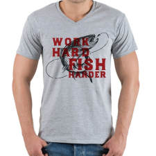 PRINTFASHION Work Hard Fish Harder - Férfi V-nyakú póló - Sport szürke férfi póló