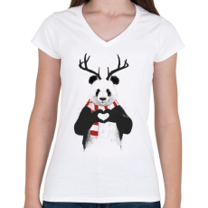 PRINTFASHION Xmas panda - Női V-nyakú póló - Fehér