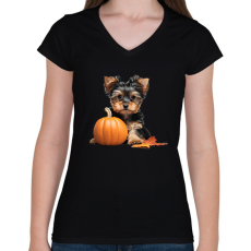 PRINTFASHION yorkie kutyus tökkel #2 - Női V-nyakú póló - Fekete