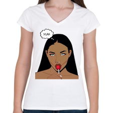 PRINTFASHION yummm - Női V-nyakú póló - Fehér női póló