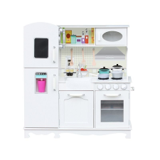PROCART Gyerekkonyha, fehér mdf fa, sütő, hűtőszekrény, mosogató, edénykészlet, serpenyő, 91x102,5x30 cm konyhakészlet