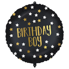 Procos Szülinapi fólia lufi – "Birthday Boy" felirattal, fekete-arany csillagos 46cm party kellék