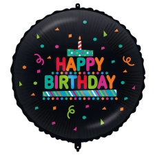 Procos Szülinapi fólia lufi – „Happy Birthday” felirattal, tortás-konfettis, fekete alapon 46cm party kellék