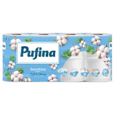 PUFINA Toalettpapír, 3 rétegű, kistekercses, 8 tekercs, PUFINA  Sensitive Aquabond , illatmentes higiéniai papíráru