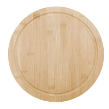 Pufo bambuszfából készült kerek tányér ételek, előételek, édességek, pizza tálalásához, 28 cm, barna konyhai eszköz