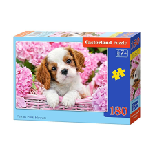 Puzzle 180 darab Pup in Pink Flowers puzzle, kirakós