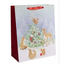 Qx Ajándéktasak karácsonyfa és erdei állatok mintával - 18 x 23 cm party kellék