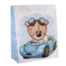 Qx Ajándéktasak maci egy autóban mintával - 18 x 23 cm party kellék