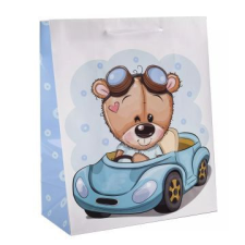 Qx Ajándéktasak maci egy autóban mintával - 18 x 23 cm ajándéktasak