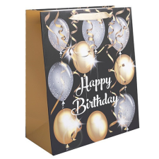 Qx Dísztasak matt 11x14 cm arany és ezüst lufik Happy Birthday felirattal ajándéktasak