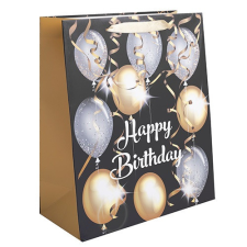 Qx Dísztasak matt 26x32 cm arany és ezüst lufik Happy Birthday felirattal ajándéktasak