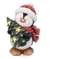 ramiz Piros sapkás pingvin kerámia figura világító karácsonyfával a kezében - 35,5cm karácsonyi dekoráció