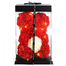  Rózsa maci LED világítással 25cm díszdobozban - piros-fehér ajándéktárgy
