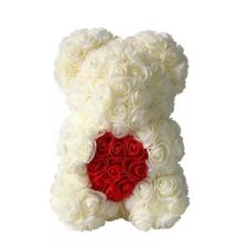  Rózsa maci, örök virág maci díszdobozban 25 cm - krémfehér-piros ajándéktárgy