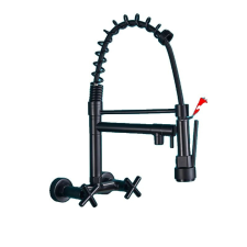  Rugós mosdós konyhai csaptelep, behúzható kifolyó, falra szerelhető, egykaros, matt fekete csaptelep