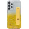  Samsung Galaxy A22 4G SM-A225F, Szilikon tok, közepesen ütésálló, kézpánttal, színátmenetes, csillogó minta, Wooze Strap Star, mintás/sárga