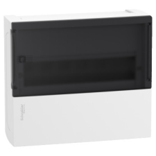 SCHNEIDER RESI9 MP Kiselosztó, füstszínű átlátszó ajtó, falon kívüli, 1x12 modul, PEN sín, komplett, fehér villanyszerelés