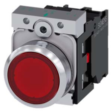 Siemens 3SU1156-0AB20-1CA0 komplett világító nyomógomb, piros, 230VAC, 1NC, fém, csavaros Sirius villanyszerelés