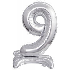 Silver, Ezüst mini 9-es szám fólia lufi talppal 38 cm party kellék