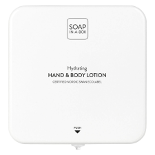  Soap-In-A-Box fényes fehér kéz- és testápoló adagoló, előlap testápoló