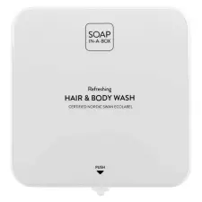  Soap-In-A-Box fényes fehér tusfürdő és sampon adagoló, előlap tusfürdők