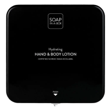  Soap-In-A-Box fényes fekete kéz- és testápoló adagoló, előlap testápoló