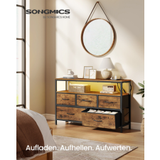 Songmics BELLAH Fiókos Szekrény LED Világítással és Beépített Konnektorral Rusztikus Barna Fekete bútor