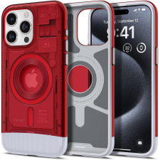 Spigen Apple iPhone 15 Pro, Műanyag hátlap védőtok, szilikon belső, Magsafe töltővel kompatibilis, Spigen Classic C1 Mag, piros tok és táska