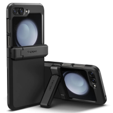 Spigen Samsung Galaxy Z Flip5 SM-F731B, Műanyag hátlap védőtok, közepesen ütésálló, zsanérvédő és kitámasztó, Spigen Tough Armor Pro, fekete tok és táska