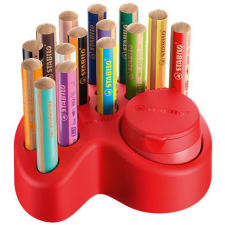 STABILO Színes ceruza készlet asztali tartóban, kerek, vastag, STABILO &quot;Woody 3 in 1&quot;, 15 különböző szín, hegyezővel színes ceruza