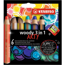  STABILO Színes ceruza készlet, kerek, vastag, STABILO &quot;Woody ARTY 3 in 1&quot;, 6 különböző szín színes ceruza