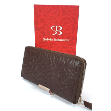 Sylvia Belmonte rózsa mintás, sötétbarna nagy körzippes női bőr pénztárca RO01