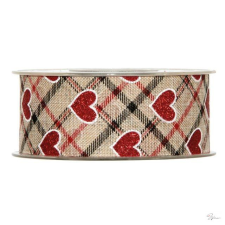  Szalag szívvel textil 40mmx15m natúr, piros dekorációs kellék