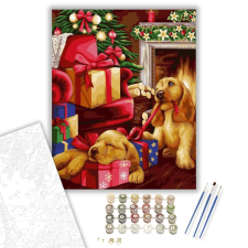 Számfestő.hu Ajándékbontó kutyuk - számfestő készlet – 40×50 cm (Keretre feszítve) kreatív és készségfejlesztő