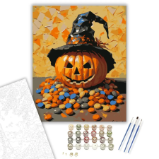 Számfestő.hu Boszorkánykalapos tök édességekkel - számfestő készlet – 50×60 cm (Keretre feszítve) kreatív és készségfejlesztő