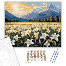 Számfestő.hu Hegyi Táj Fehér Liliomokkal - számfestő készlet – 40×50 cm (Keretre feszítve) kreatív és készségfejlesztő