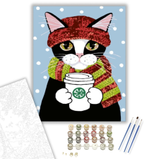 Számfestő.hu Macska Téli Kávéval - számfestő készlet – 40×50 cm (Keretre feszítve) kreatív és készségfejlesztő