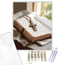 Számfestő.hu Nyitott Biblia és Kereszt - számfestő készlet – 50×60 cm (Keretre feszítve) kreatív és készségfejlesztő