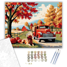 Számfestő.hu Őszi Vidék Piros Teherautóval - számfestő készlet – 80×100 cm (Keretre feszítve) kreatív és készségfejlesztő