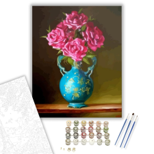 Számfestő.hu Rózsaszín virágok kék vázában - számfestő készlet – 40×50 cm (Keretre feszítve) kreatív és készségfejlesztő